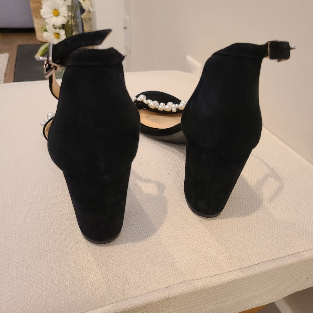 Alex Marie Open Toe Pearl Strap Velvet Wrapped Block Heel Shoes - Picture 4 of 6